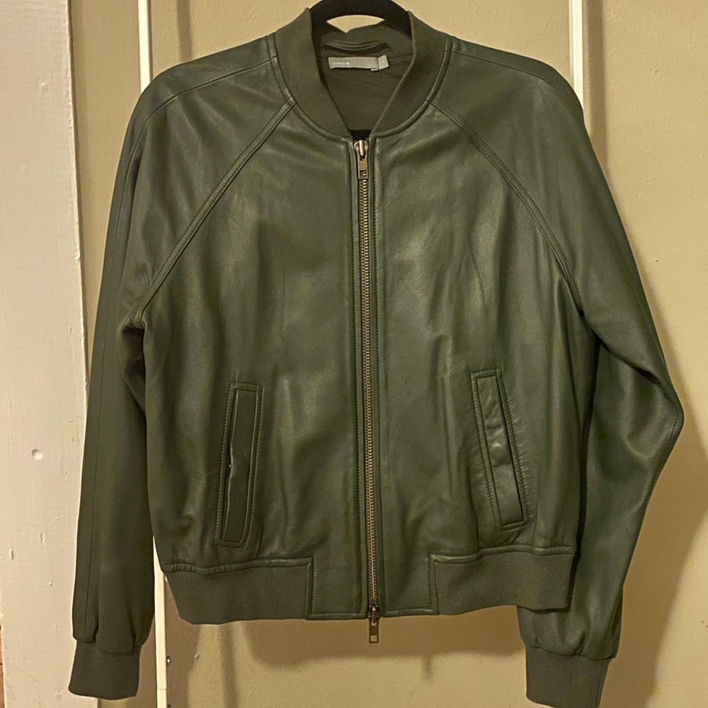 New Vince Green Lamb Leather Bomber Jacket Size M